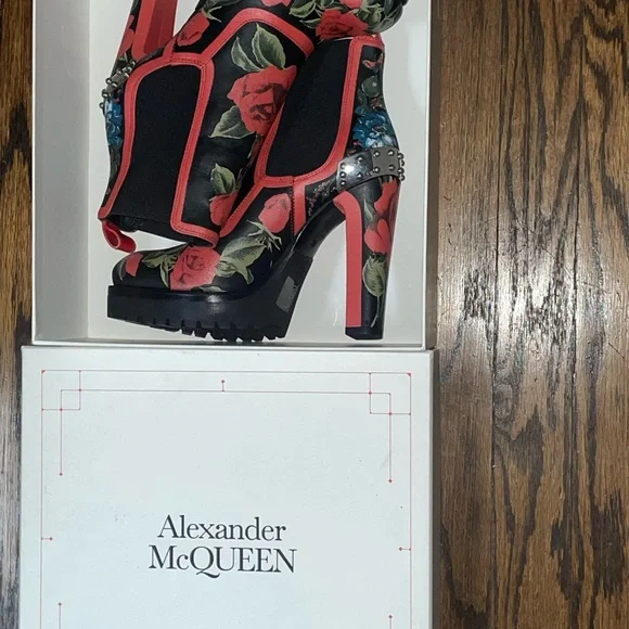 Alexander McQueen Red Floral Heeled Boots